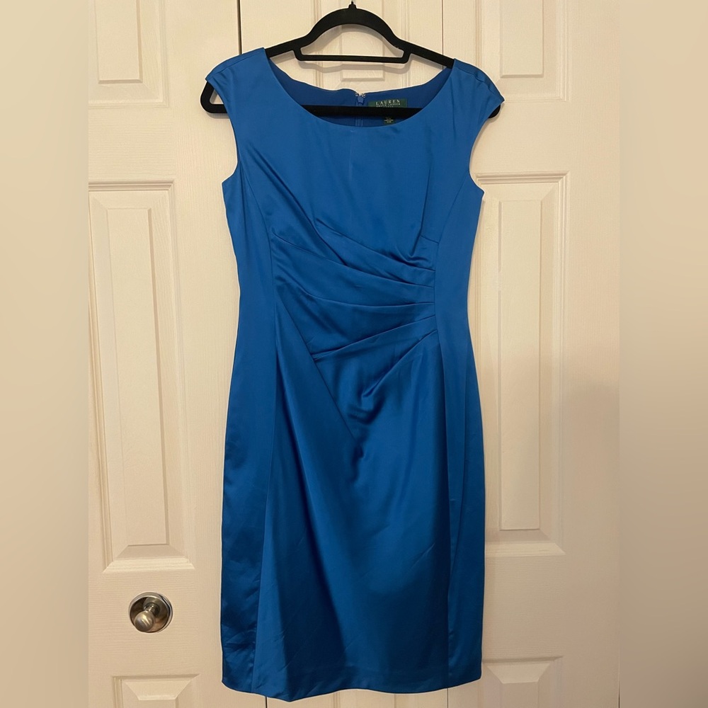 Ralph Lauren Cap Sleeved Satin Sheath Dress- Royal Blue